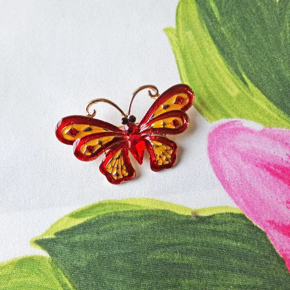 Butterfly brooch pin with red crystals and red and yellow color enamel - Picture 5 of 6